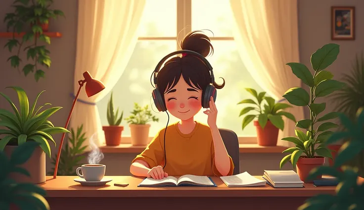 A cozy, well-lit home office with soft morning sunlight streaming through the window. A person sits at their desk, focused on their work, wearing headphones, gently nodding to the beat of the music. A cup of coffee steams beside them, and plants decorate t...