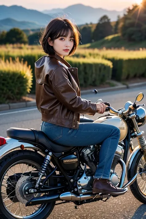 A Japanese woman riding an American vintage motorcycle, Military jacket, Beautiful Face, Jeans and boots, Very intricate details, Black short hair　A vast, dry wilderness　Sunset　Passage