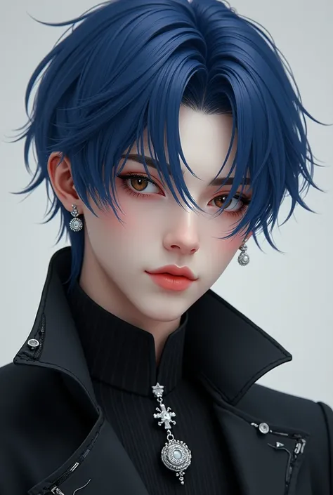 Image of Prince Demian, short straight blue hair, clear skin, Brown eyes, peach colored lips, Black suit with white and silver touches, perfect nose, perfect lips 