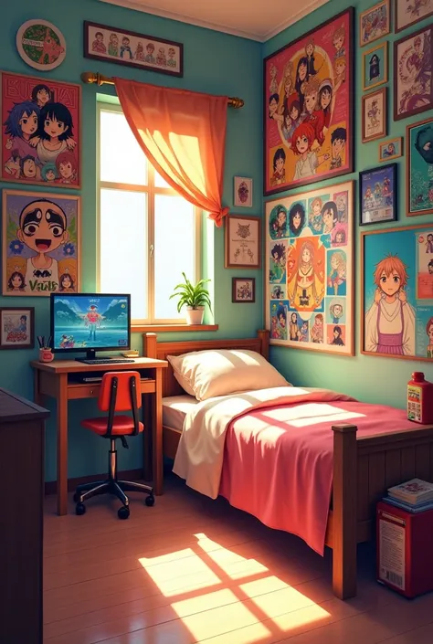 A room where a small bed , a small table with PC, a small window, sunrays are coming . Walls are decorated with anime poster like gojo saturo , demon slayer , album of kpop group got7 . This room has lively vibes 