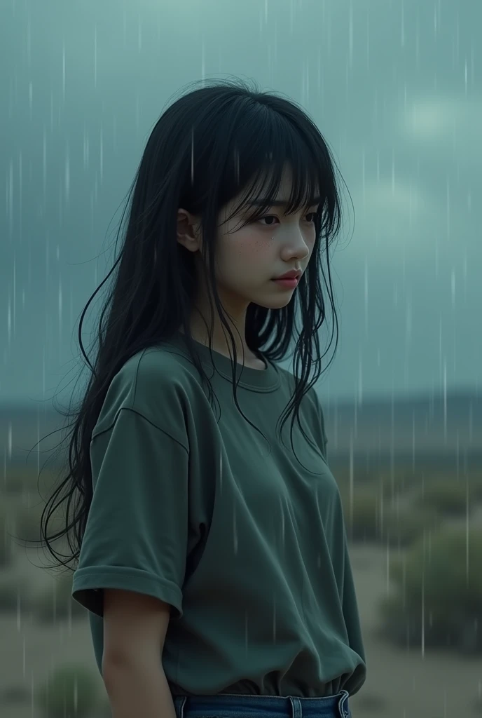 A medium shot of a cute, single young real Korean teenage girl with long black open hair she is crying in the rain . She is wearing t-shirt and jeans. She had a medium breast.  the background is soft blur desert cloudy rainy 