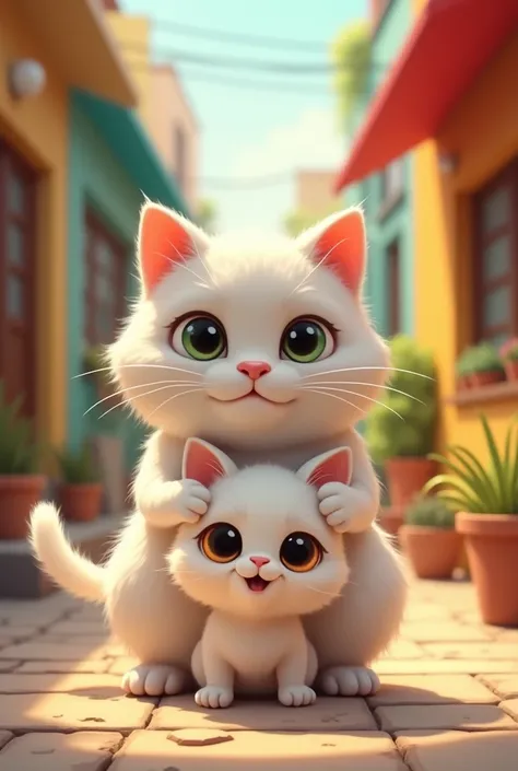  "A cute, fluffy white cat dad with a strong, protective stance stands in front of a small kitten. The dad cat’s eyes are filled with determination, while the kitten hides behind him, peeking out with wide, innocent eyes. The scene is set in a brightly col...