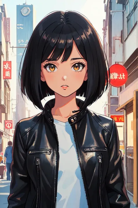 (best quality, masterpiece, RAW photo,ultra-detailed:1.2), 1girl, 独奏, looking at viewer, 
bob cut, leather jacket,
 traditional media,retro artstyle,city,accurate, quality, 