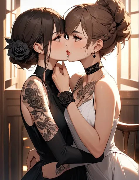 2 girls kissing, looking at each other, Heartßshaped pupils, eyes, beautiful detailed lips, extremely detailed eyes and face, long eyelashes, elegant girl, gentle expression, slender figure, glossy lips, thick eyebrows, thick eyelashes, good upper body, br...