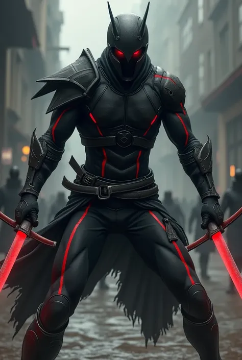 Man in black armour type suit with red stipes and look lean without anything extra and red eyes , two blades in hand and he is standing in a fighting stance and attacking the ninjas
