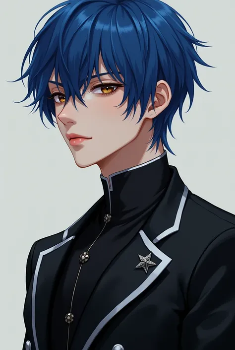 Image of Prince Demian, short straight blue hair, clear skin, Brown eyes, peach colored lips, Black suit with white and silver touches, strong body 
