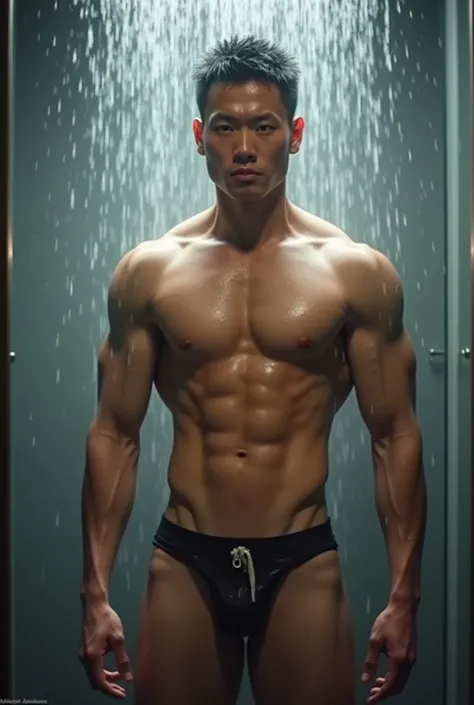 A man with big muscles but a lean body is taking a shower. His skin is fair, his face is Chinese, and his crotch is bulging.