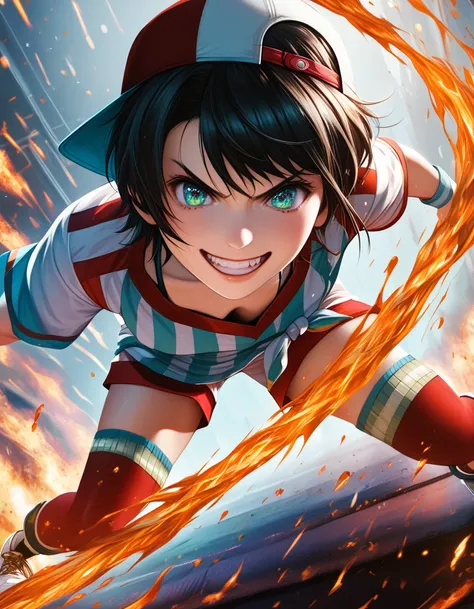 shubabase, black hair, gradient eyes, aqua eyes, short hair, swept bangs, loose shirt, jersey, vertical-striped shirt, tied shir...