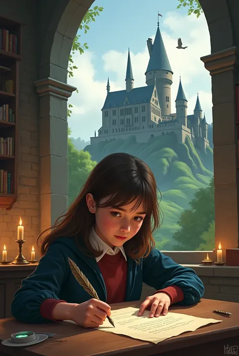 Ady Potter écrit dans le style Harry Potter avec poudlard en fond dimage