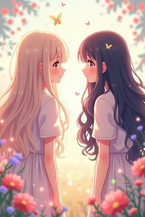 Anime twin girls, one has straight long hair and the other has long curly hair.