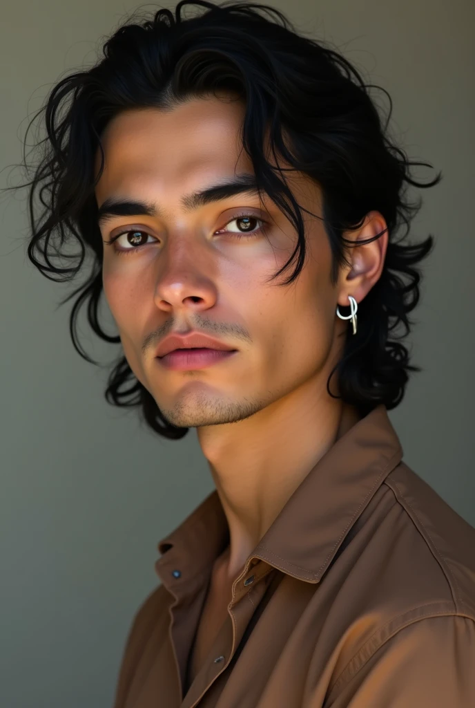 A  man with  curly black hair tied back Tall white skin  pressing earring and a brown shirt  