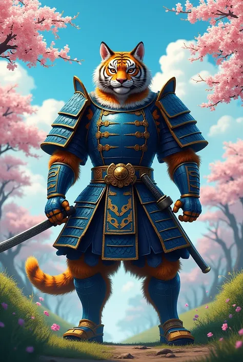 Tiger man katana samurai armor scar face victory sense spring blue set