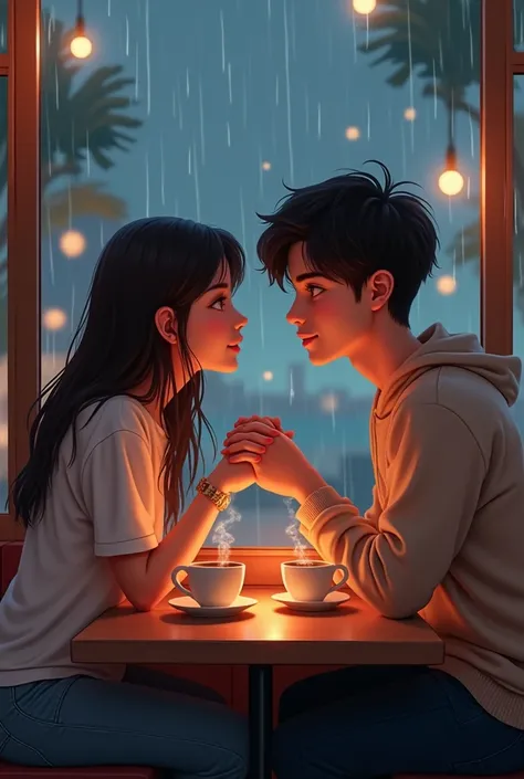 A girl and boy on coffee date hand in hand at a cafe raining outside in the night photo reastic 2d illustration 4k image