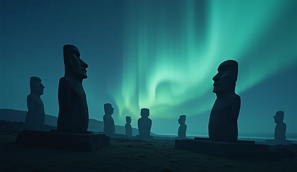 Easter Island at night,You can also see the aurora in the distance,Then the position of the stone statue is messed up，The whole picture looks very soft,It has that kind of night beauty.