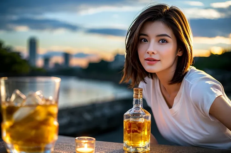 (Realistic, 超Realistic:1.4), 16k hdr, High resolution,Brown short hair,The best smile、Japanese actress,Super Beauty(Like the real thing),Short sleeve dress,Whiskey bottles、The Macallan、Johnnie Walker、、Old Parr、whiskey、Suntory、Nikka、Slim couple、Model Couple...