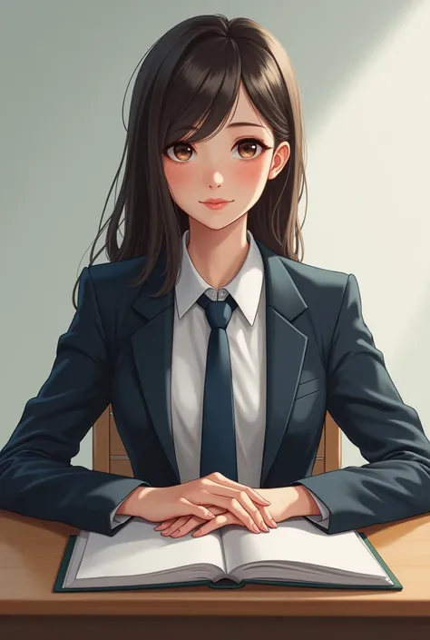 image of a single 2 teacher with no background sitting at a desk half body view