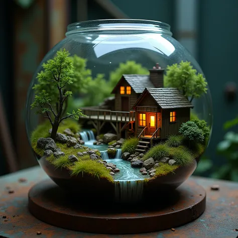 A digital photography of close-up view. There is a diorama terrarium of a house with a small creek, there is a old wooden hydropower turbine beside the house, The house is lit inside cos of water turbine generator, That miniature terrarium is in the big gl...