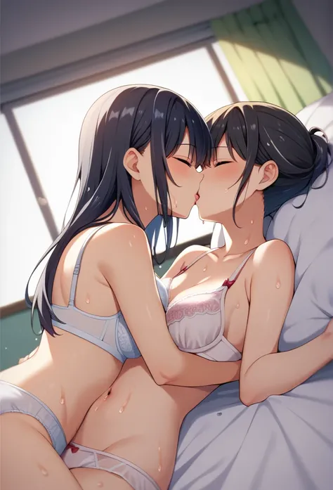 evening,Bedroom, White sheets, Shooting from the side, ((masterpiece)), ((Highest quality)), (Very detailed), beautiful girl, Kissing Scene, High school students kissing, (((beautiful girlが２people))), (Cuddling in bed), , ((Cute high school student. Black ...