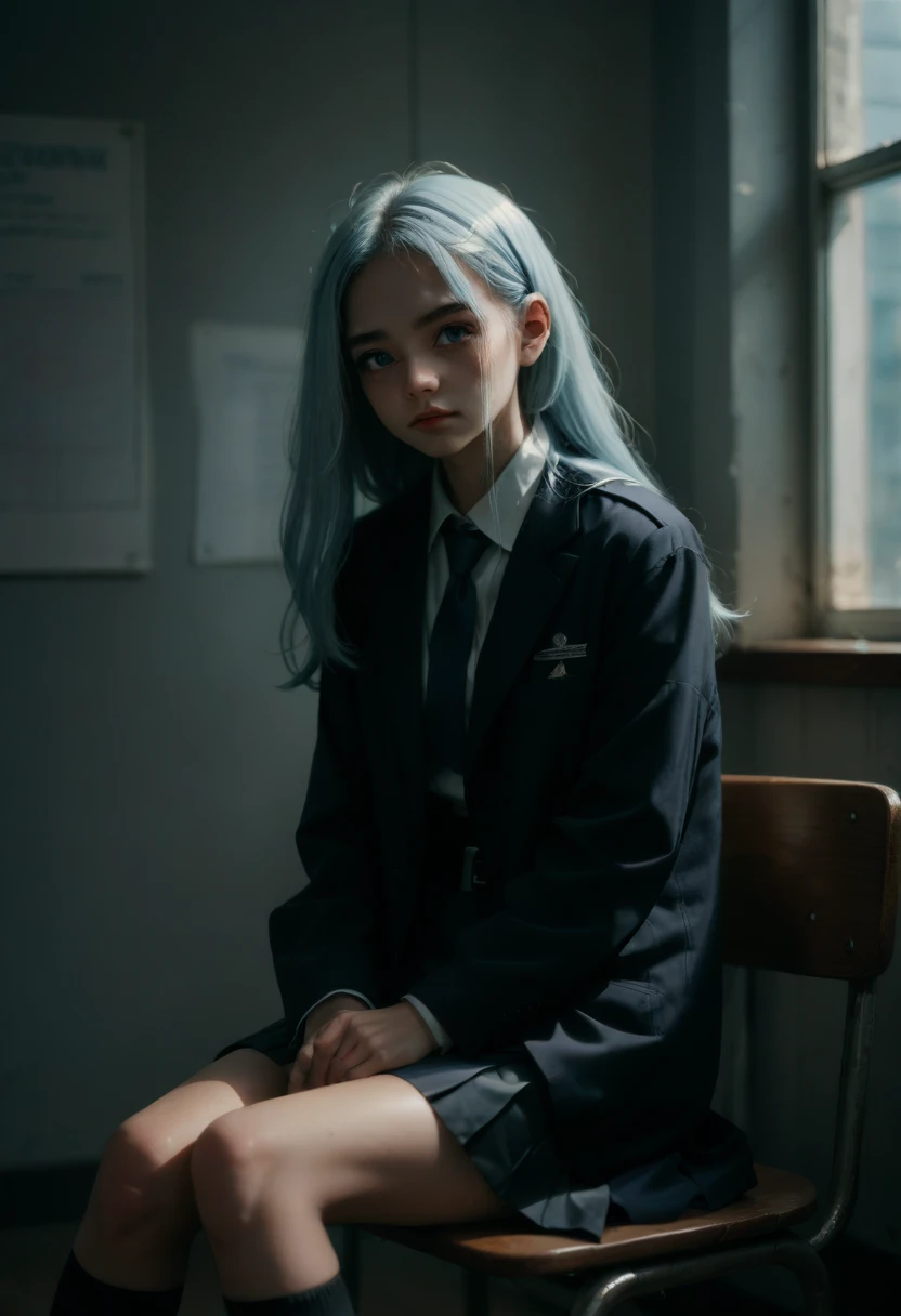 1 girl, long light blue hair, navy blue, sit in class, black school modern uniform, anime