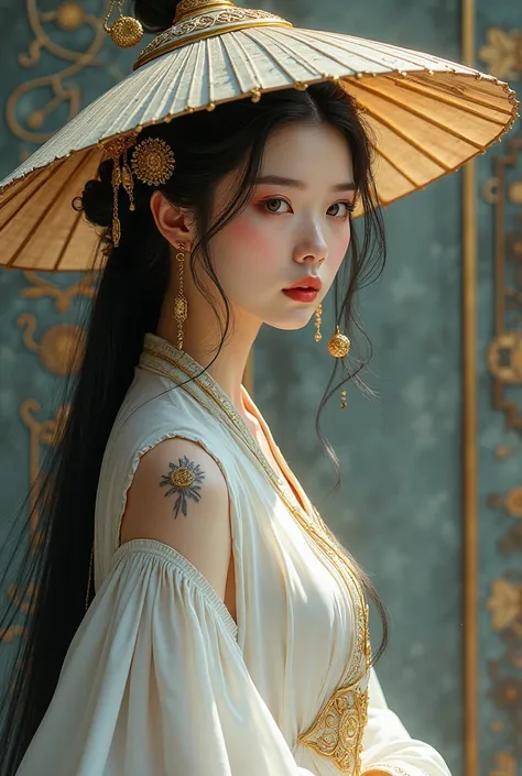 Traditional white bamboo hat ,  traditional Chinese face veil, Celestial Goddess, white dress, mixed colors eyes, Simbols and murals on face,  black color long hair, Young women, Onmyoji-style, , face lines, runes on face, xianxia, glowing mixed color eyes...