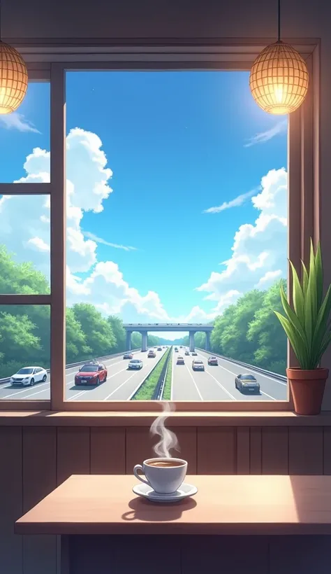 anime style coffee shop interior with a large window view of cars passing by on a highway -- steaming cup of coffee on a table, cool and cozy atmosphere detailed and realistic with soft lighting serene summer scene with clear blue sky inviting and peaceful...