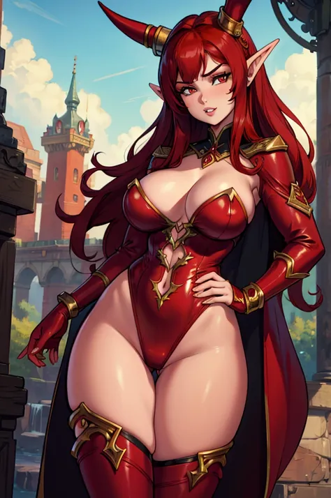 Alexstrasza from World of Warcraft, sexy thick female elf with red hair, red and gold bunny suit, red and gold playboy bunny suit, black stockings, dragon horns, bunny ears