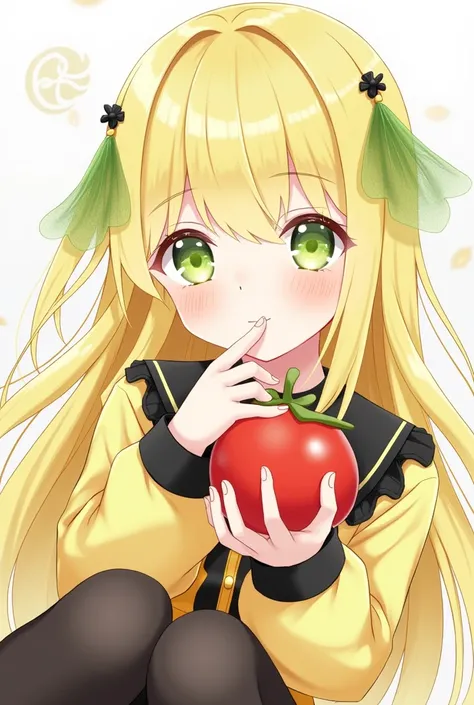 One girl, Long Hair, Yellow Hair, Green mesh in hair,Green Eyes,Moe sleeves,The hand is at the mouth,anime,Yellow and black clothes,Holding a stuffed tomato