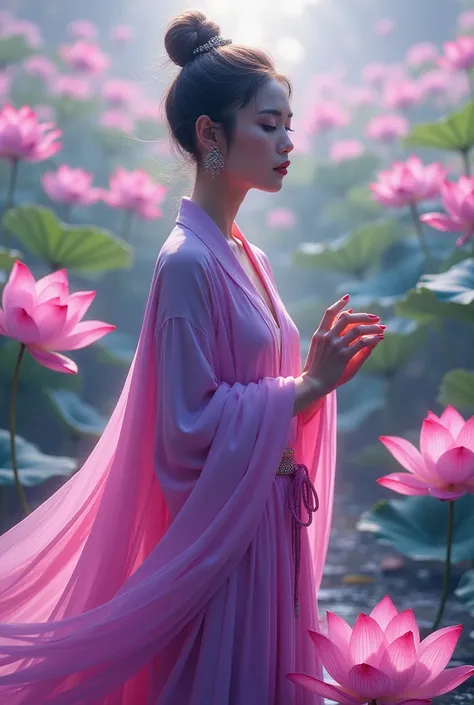 Many lotus flowers in the background、A modern woman with beautiful rear wheels、It has a bodhisattva-like appearance。Dressed in light clothing, in bright tones of pink to purple。Please provide an image with impact.