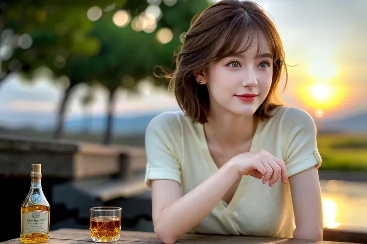 (Realistic, 超Realistic:1.4), 16k hdr, High resolution,Brown short hair,The best smile、Japanese actress,Super Beauty(Like the real thing),Short sleeve dress,Whiskey bottles、The Macallan、Johnnie Walker、、Old Parr、whiskey、Suntory、Nikka、Slim couple、Model Couple...