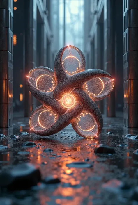 A stunning 3D render of the futuristic concept of Utopium, the all-stable atomically bonded element. The design ofUtopium showcases a harmonious balance, symbolized by the seamless fusion of different elemental symbols. The background features an intricate...