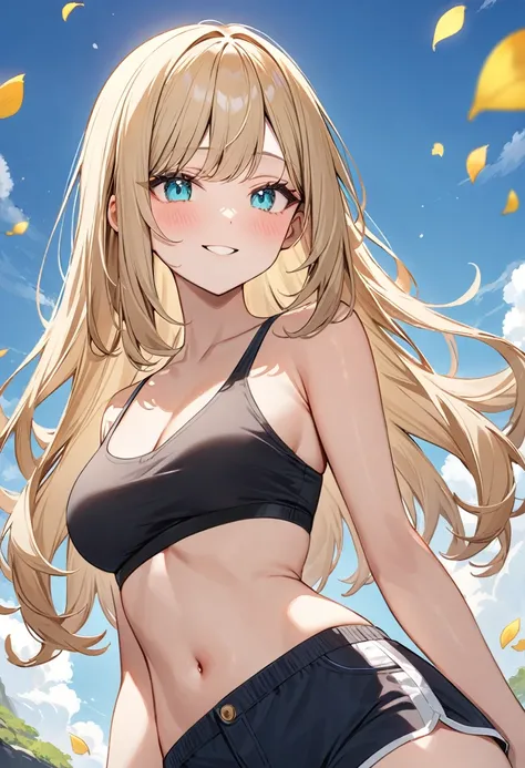 (masterpiece, top quality, very aesthetic, 4k、illustration), ()、intricate detail, 1woman,solo, 、(gradient eyes、tareme)、(short hair)、parted bangs,Fair skin,(cowboy shot)、beautiful women、()、(),(),(crop top、shorts),light smile、(gradient hair)、(light blonde  h...