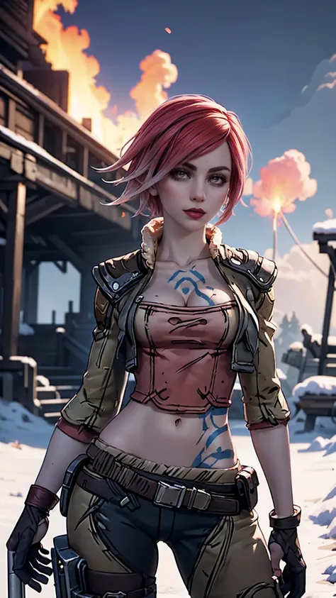 lilith from "borderlands", a beautiful woman with side-shaved light pink hair, asymmetric bob hairstyle, snow white skin, ((glow...