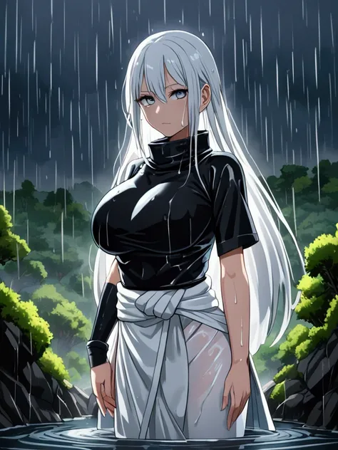 (8k, Highest quality, Dramatic, View your viewers, Intricate details:1.3),(One woman, Hinata from Naruto, (White eyes:1.3), Big Breasts, I can see the valley), (White color, Ninja uniform, See-through, Sweating, A standing posture that shows the whole body...