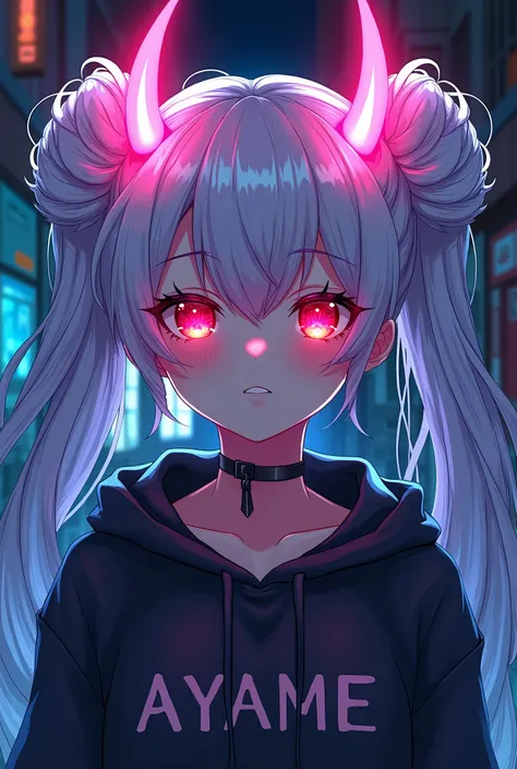 detailed background, masterpiece, best quality, smile, nakiri ayame, streaked hair, oni horns, white hair, twin buns, red eyes, smile, hoodie, portrait, neon, graffiti, dark, night, glowing eyes, blacklight