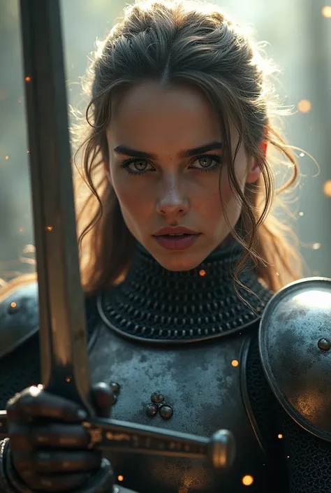 (looking up at viewer, close up), digital art ilustration, depth of field, cinematic light, chiarosaurio, mist, particles, sparks,reflections, a female knight (Emma Watson) wearing chainmail holding sword, holy light, cinematic, 