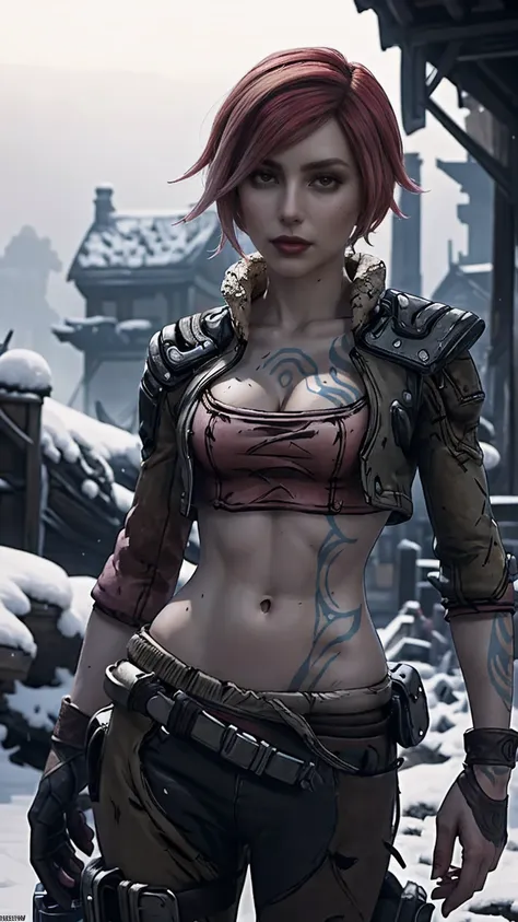 lilith from "borderlands", a beautiful woman with side-shaved light pink hair, asymmetric bob hairstyle, snow white skin, ((glow...