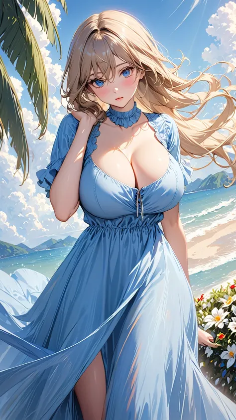 masterpiece:1.4,best-quality,Super Detail,Very Delicate and Beautiful, ((( A super beautiful woman in denim long dress ))), beige hair, gigantic breasts, slender body, beautiful eyes