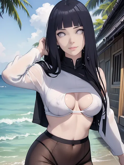 (best qualityer,4K,8k,high resolution,work of art:1.2),ultra details,realisitic,photorealisitic:1.37,detailedeyes,Detailed and beautiful lips,pale.hyuuga hinata, phi sleeve layers, perfect figure, appealing rounded breasts, mischievous grin, swollen lips, ...