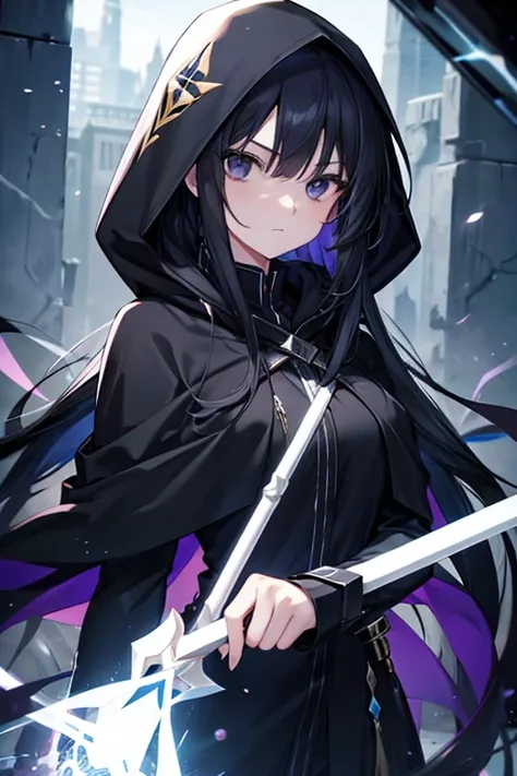 girl with long black hair, black eyes, with a magic scepter and wears a hood