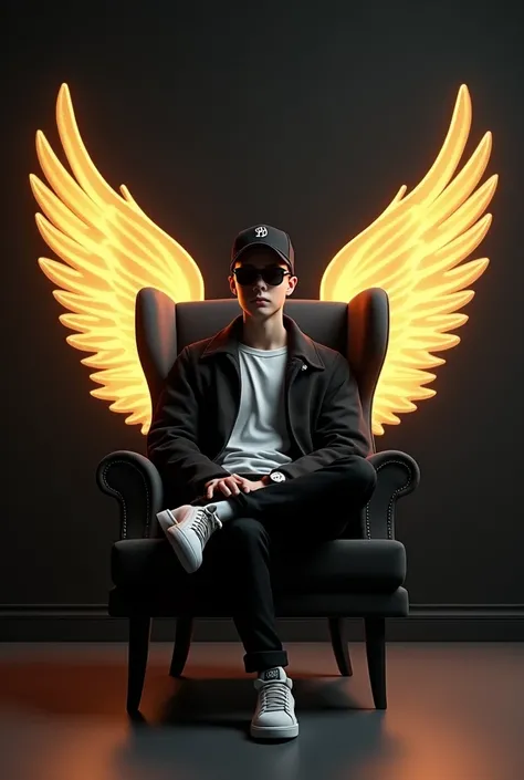 Create a 3D illusion for a instagram profile picture where a teenager in a coat pants sits casually on a Wingback Chair. Wearing sneakers, a black cricket cap, and sunglasses, he looks ahead. The background features a black wall. There should not be his sh...