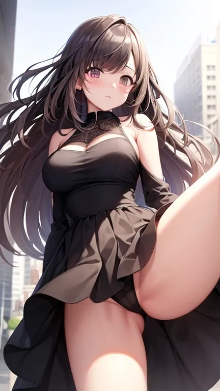   ((High resolution, masterpiece, Highest quality, Anatomically correct body structure, Very detailed, Textured skin, ))､One Girl,alone,bangs,Long Hair,Large Breasts,Black Hair､Earth-colored dress、Dark brown mini flare skirt,white ankle strap sandals, comb...