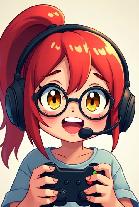 Twitch emote image of a girl with red hair, ponytail, yellow eyes, black eyebrows, glasses, gamer headphones, playing with a game controller, smiling