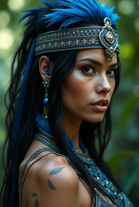 Indian face in profile, beautiful warrior woman from the Amazon rainforest, blue macaw feathers, blue details, azul prop, imagem HD, slicked black hair.
