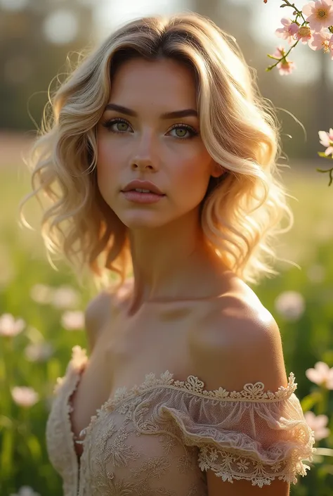 (masterpiece:1.2), (best quality:1.2), perfect eyes, perfect face, perfect lighting, 1girl, mature female in a field, medium blond hair, curly hair, detailed clothes, detailed outdoor background, makeup, eyeshadow, thick eyelashes, fantasy, looking at the ...