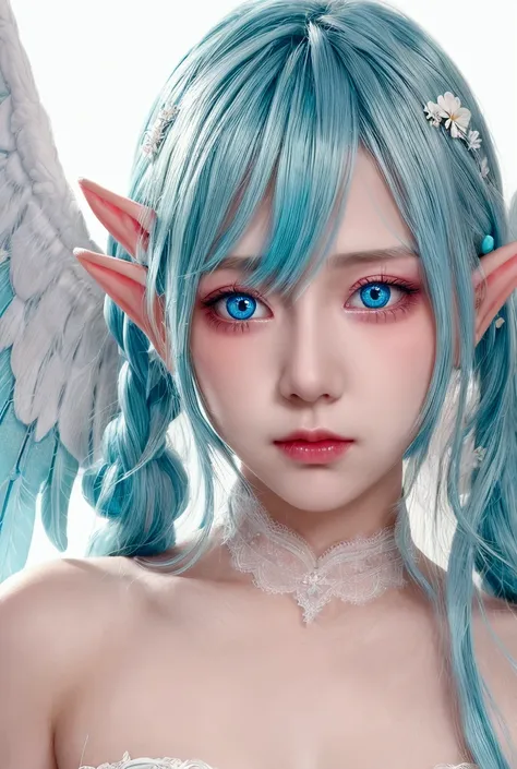 boy, High resolution, blush, blue hair/aqua hair, masterpiece, best quality, detail, Tempting, Sexy, Different colored eyes, Eyes have light spots, hairpin, Transparent white gauze, sweat, Juvenile, flower, rainbow, Audai, elf wings, Kiss