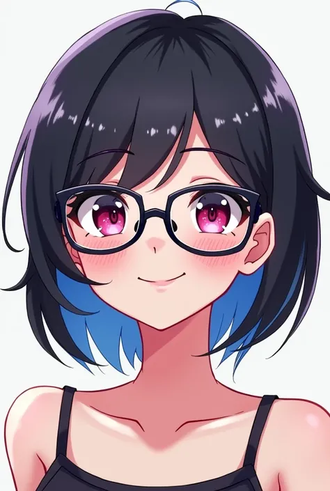 Twitch emote image of a anime girl with short black hair and inner blue hair, pink eyes, black eyebrows, glasses, smiling