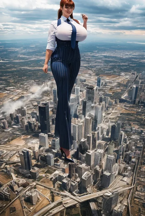  Young adult bbw woman beautiful curves a massive thighs ginger hair in a ponytail red lipstick wearing a perfect slim-fit blue pinstriped trousers, crisp white shirt and large blade width windsor knot dark paisley tie, colossal breasts. Platform high heel...