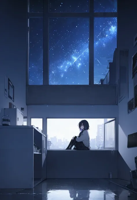 Emo girl sits on edge of the apartment and looks at starry night.