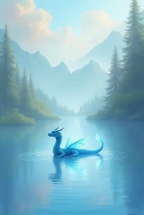 pastel colour、Paint and、It looks like it was painted with pastels.、Lake landscape、A dragon floats in the middle of the lake、Enveloped in blue light