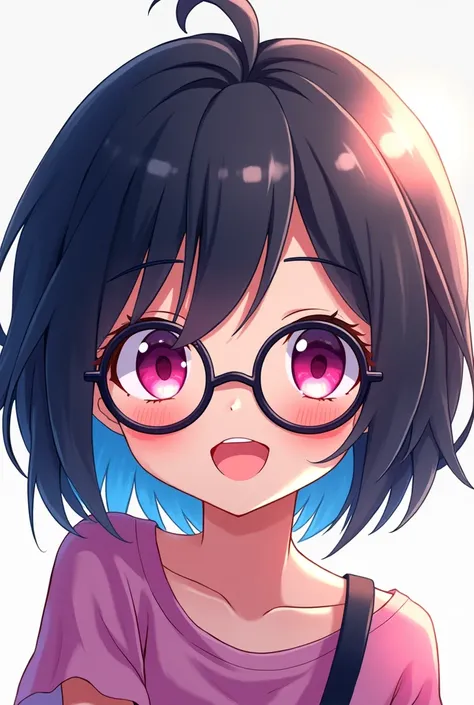 Twitch emote image of a young anime girl with short black hair and inner blue hair, pink eyes, black eyebrows, glasses, smiling